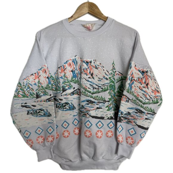 Vintage Graphic Sweatshirt Women Med White Pink Blue 80s Nature Scenic Aztec AOP - Picture 1 of 16